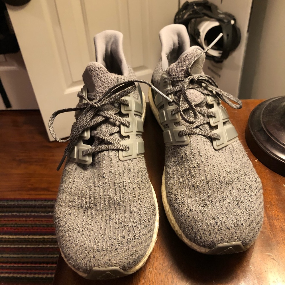 Gray adidas running shoes